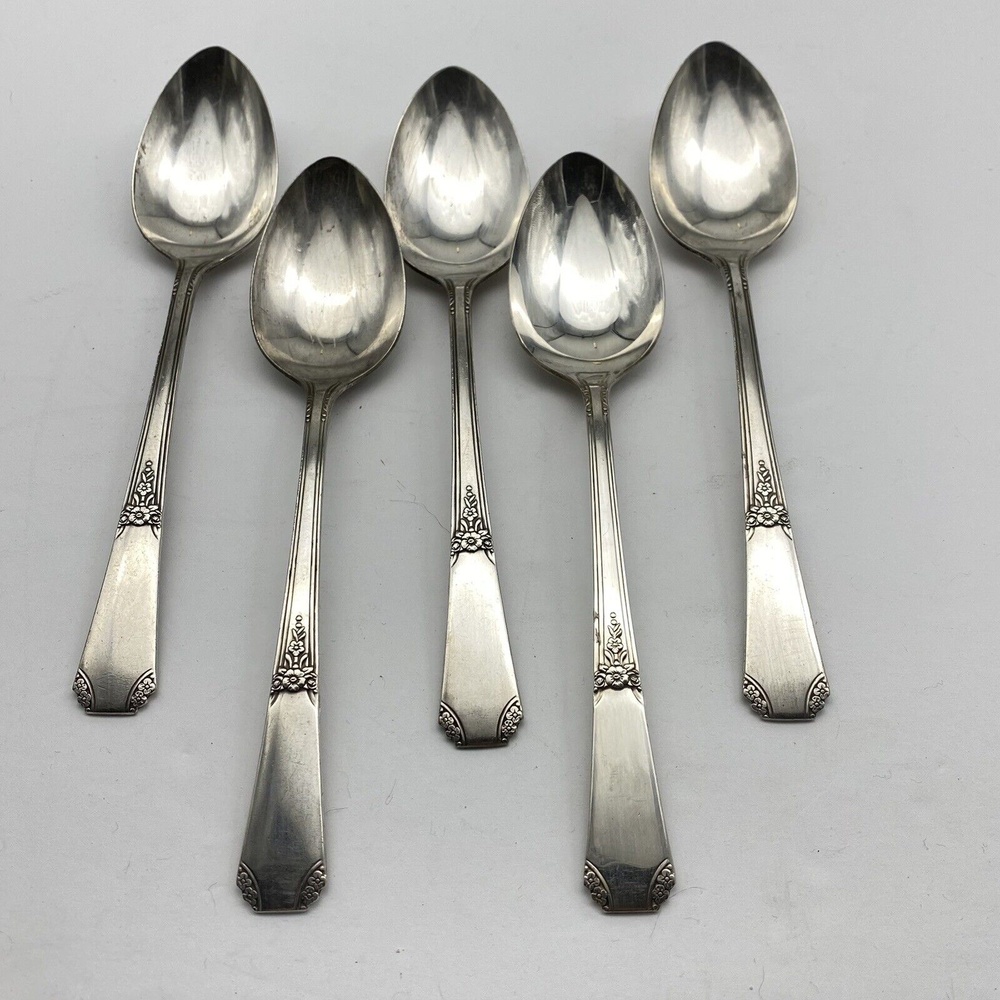 Vintage Oneida Rio‎ Oval Soup Spoons WM A Rogers 1939 Silverplate 5 Set Art Deco